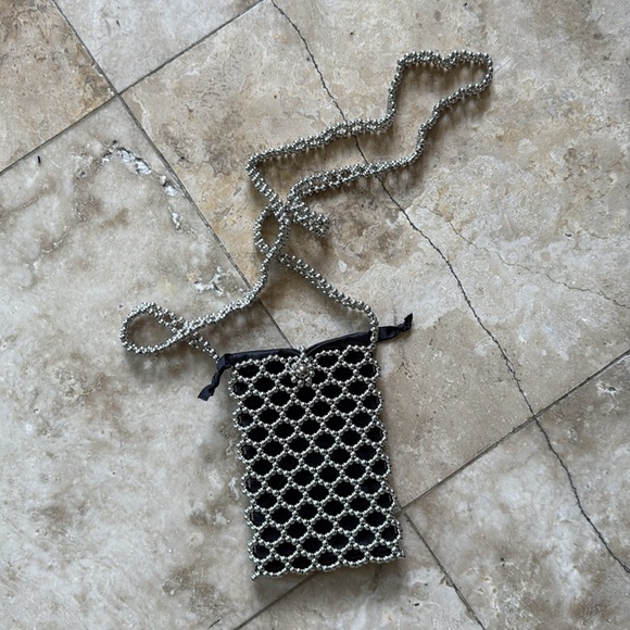 Ladies, black and silver beaded iPhone holder long purse handle top fasten. - Picture 13 of 13